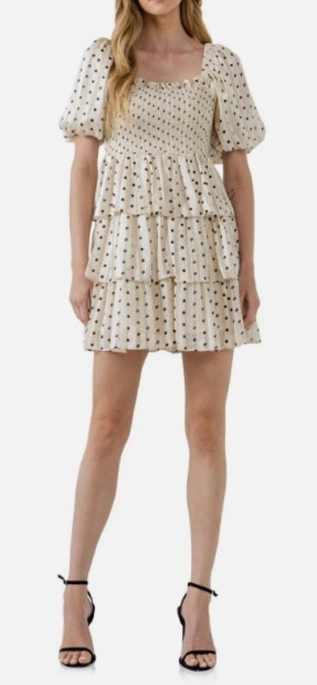 126 NWT English Factory Polka Dot Lurex Multi Tiered Mini | Cream/Grey/Gold | S